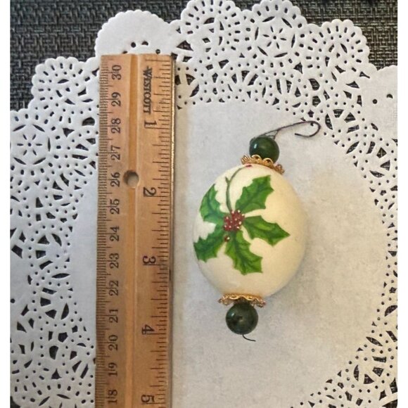 Vintage Hand Painted Small Egg Ornament Poinsettia Holly Green Beads - Picture 2 of 3